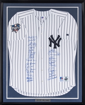 2000 New York Yankees Team Signed Yankees Home Jersey With 28 Signatures Including Jeter, Rivera, Clemens & Torre In 34x42 Framed Display (Steiner)